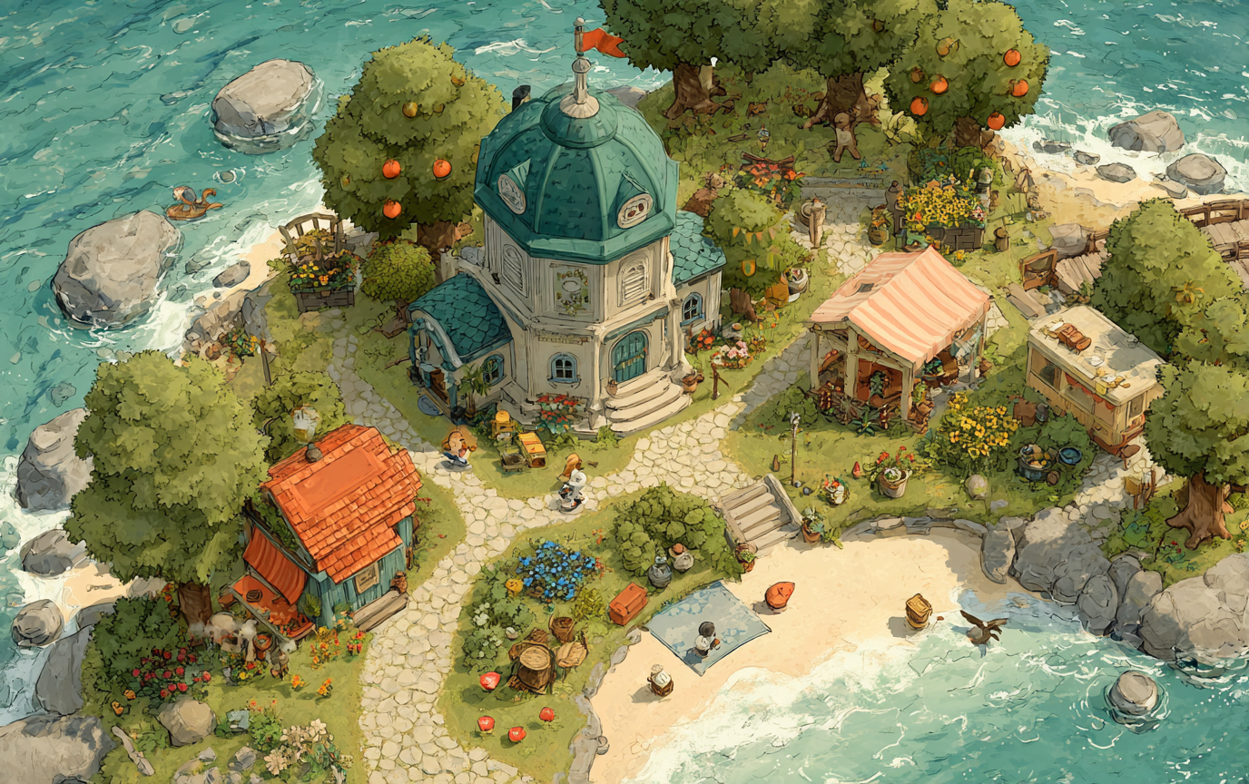 Animal Crossing island map with clickable buildings
